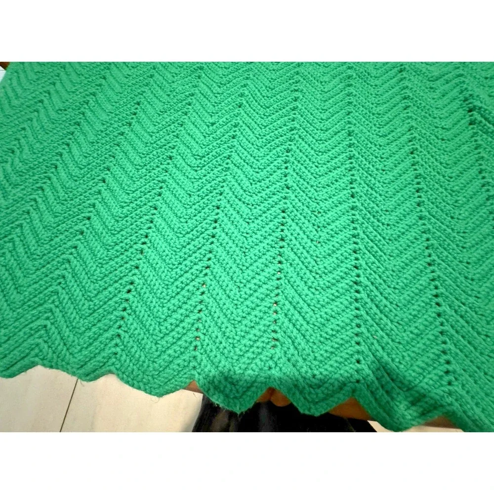 Handmade Crochet Afghan Blanket Green Chevron Ripple Throw 46x44 Soft Cozy Knit